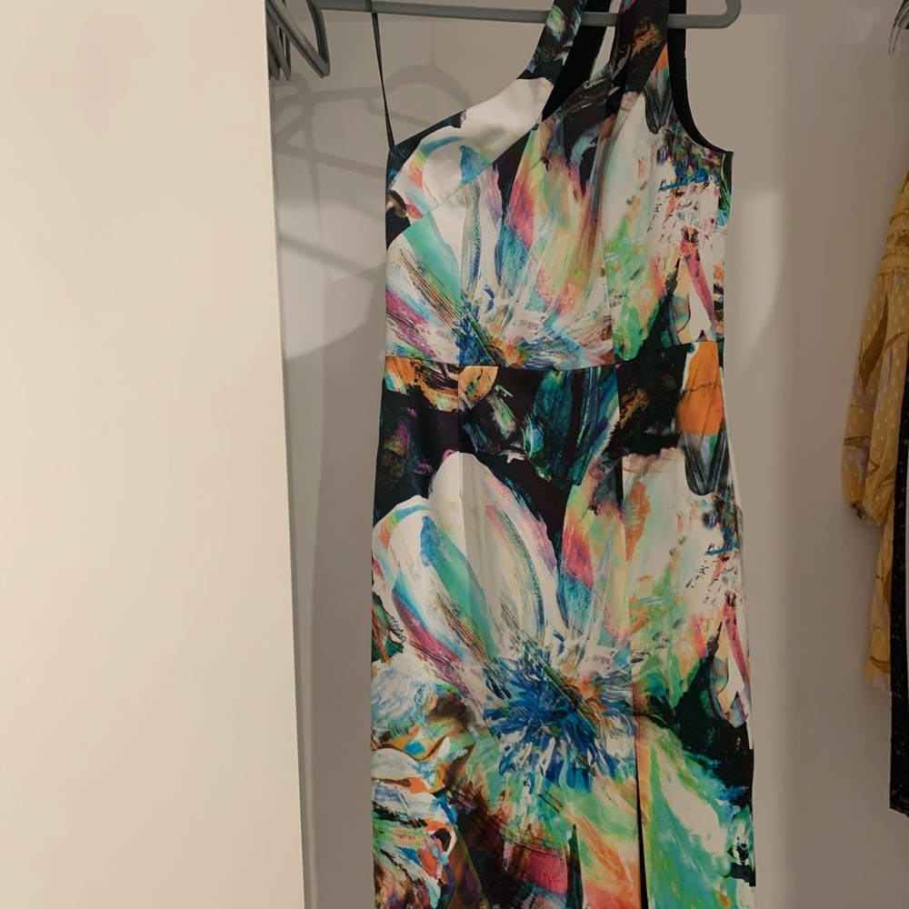 Black Halo One Shoulder Abstract Multicolored Floral Midi Dress w/ Side Slit. - Picture 5 of 5